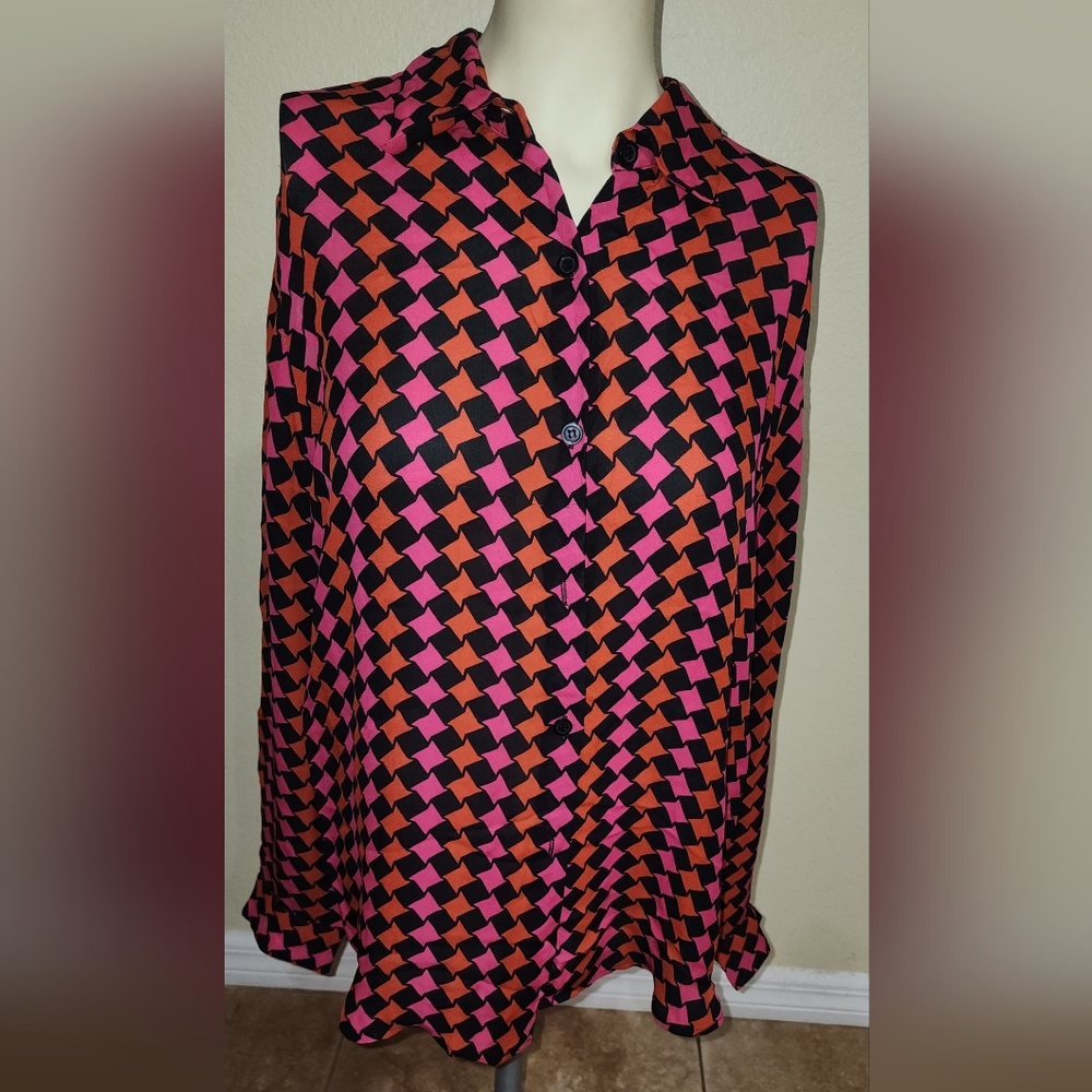 Vintage City Silk Womens Blouse 100% Silk Size L Long Sleeve Button Up